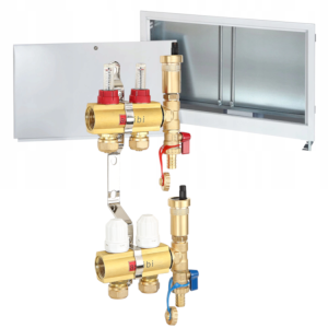 Zestaw do podłogówki: rozdzielacz 2 obwody + szafka podtynkowa