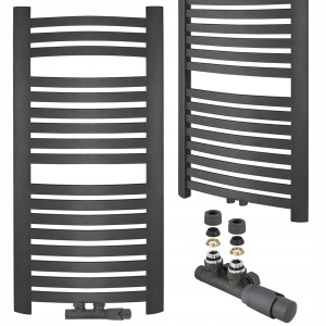 Grzejnik łazienkowy OSAKA 480x480 antracyt z kątowym zestawem termostatycznym Hydroland