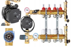 Rozdzielacz 13-obwodowy + zestaw mieszający BTU 501 AFRISO + pompa Grundfos