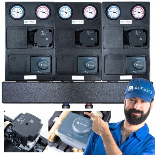 Grupa pompowa AFRISOK 180-2 DN25 + Rozdzielacz 3 obiegi, siłowniki AFRISO ARM 343, pompy Grundfos