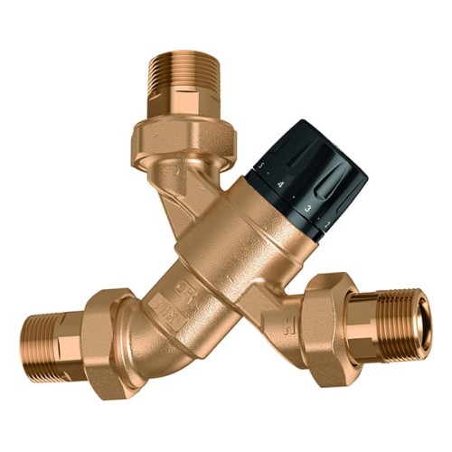 Regulowany termostatyczny zawór mieszający z zaworami zwrotnymi i filtrami na wlotach CALEFFI