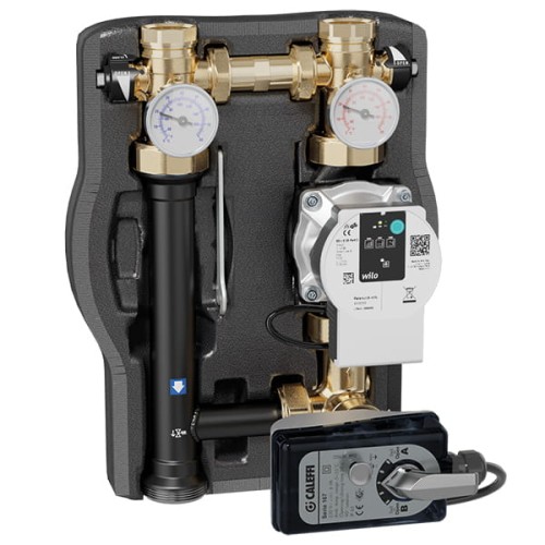 Grupa pompowa z zaworem mieszającym z siłownikiem dla instalacji grzewczych i chłodniczych. Rozstaw przyłączy 125 mm