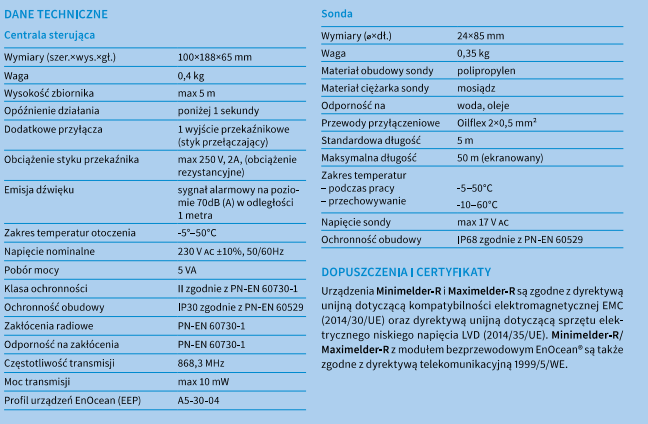 Dane techniczne sygnalizatora granicznego poziomu napełnienia Maximelder-R