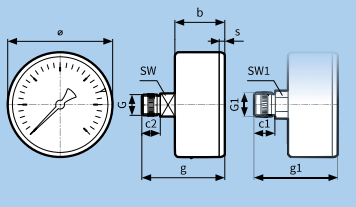 Rzutowanie i wymiarowanie manometru grzewczego RF AFRISO
